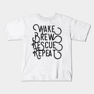 Wake Brew Rescue Repeat black distressed text design for coffee and animal rescue lovers Kids T-Shirt